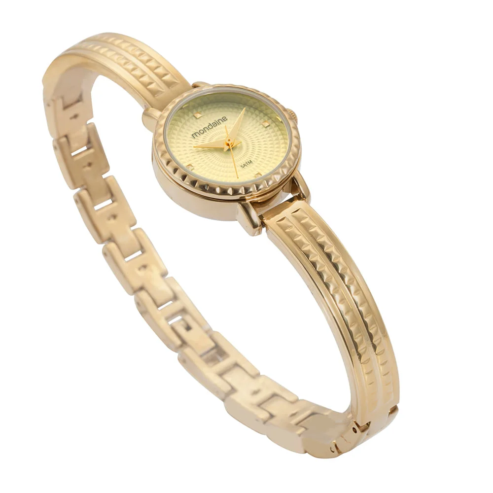 Relógio Feminino Dourado Pequeno Bracelete com Textura Dourado 2