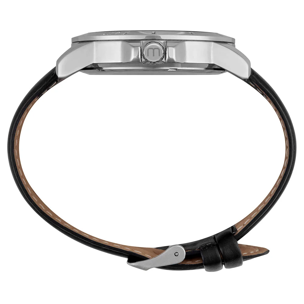 Relógio Masculino Prata Design Robusto Pulseira Couro Preto/Prata 2