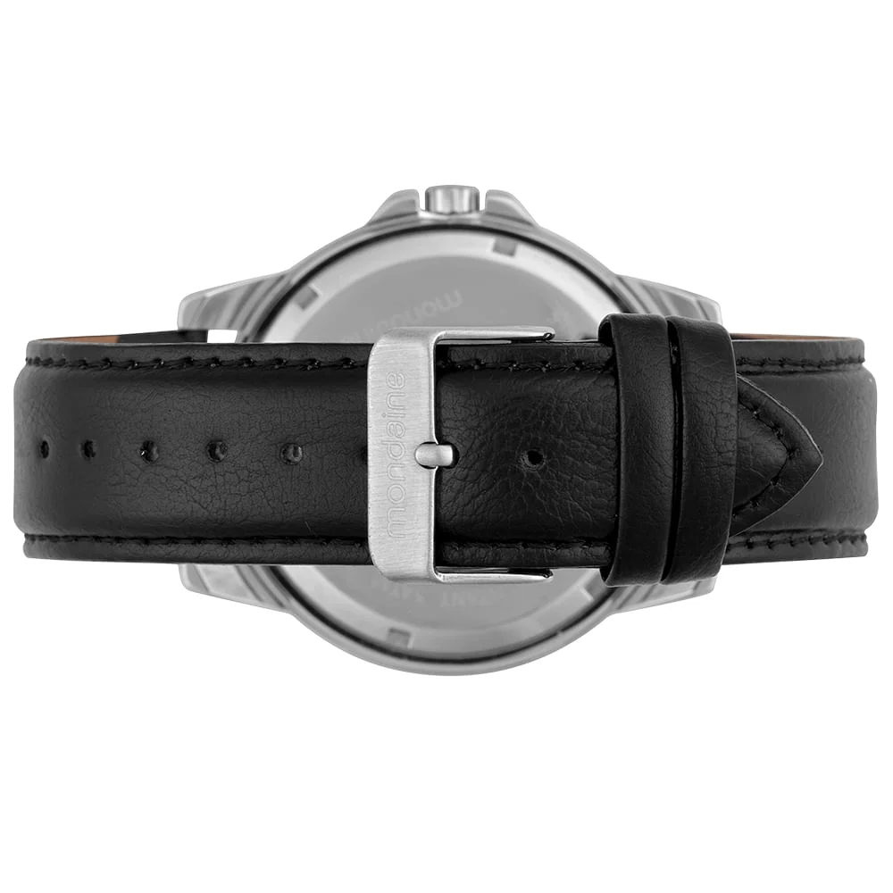 Relógio Masculino Prata Design Robusto Pulseira Couro Preto/Prata 3