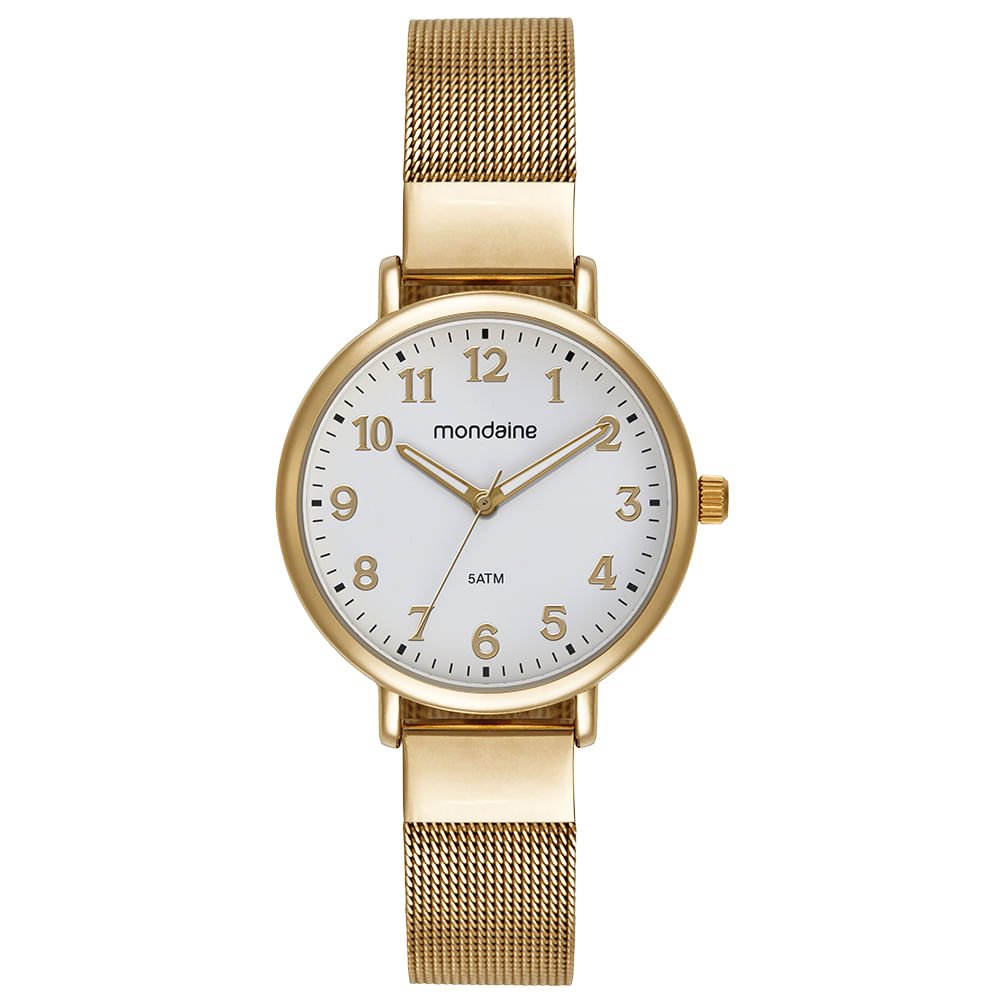 Relógio Feminino Dourado Malha Mostrador Branco