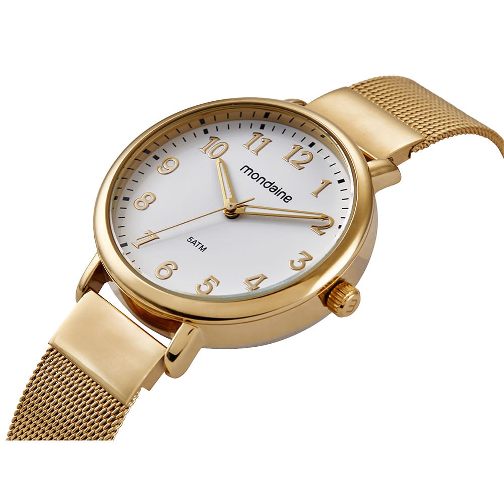 Relógio Feminino Dourado Malha Mostrador Branco Dourado 2