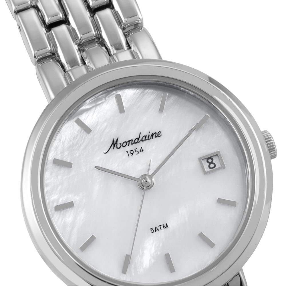 Relógio Feminino Prata Com Calendário Madreperola Prata 2