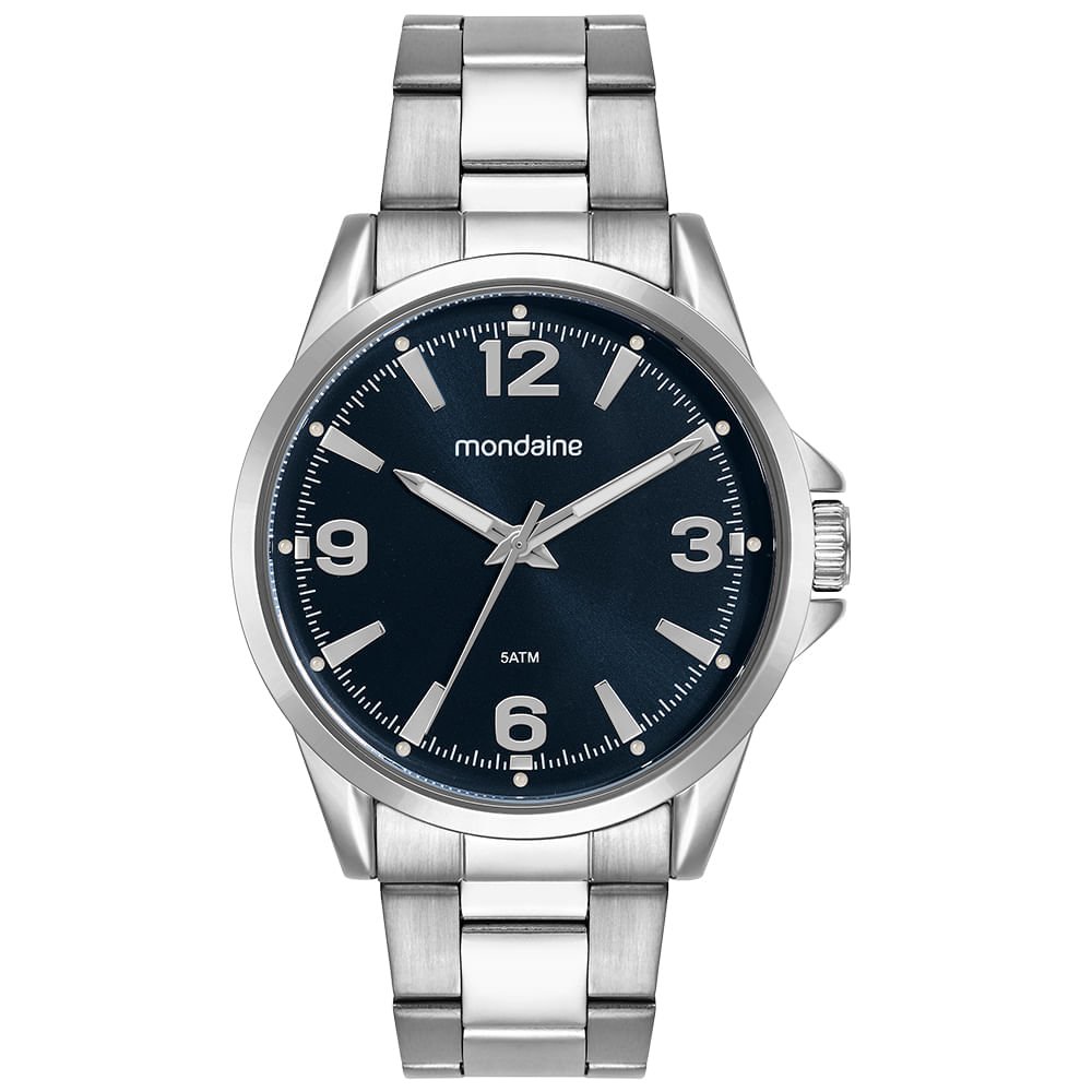Relógio Masculino Prata e Mostrador Azul em Aço