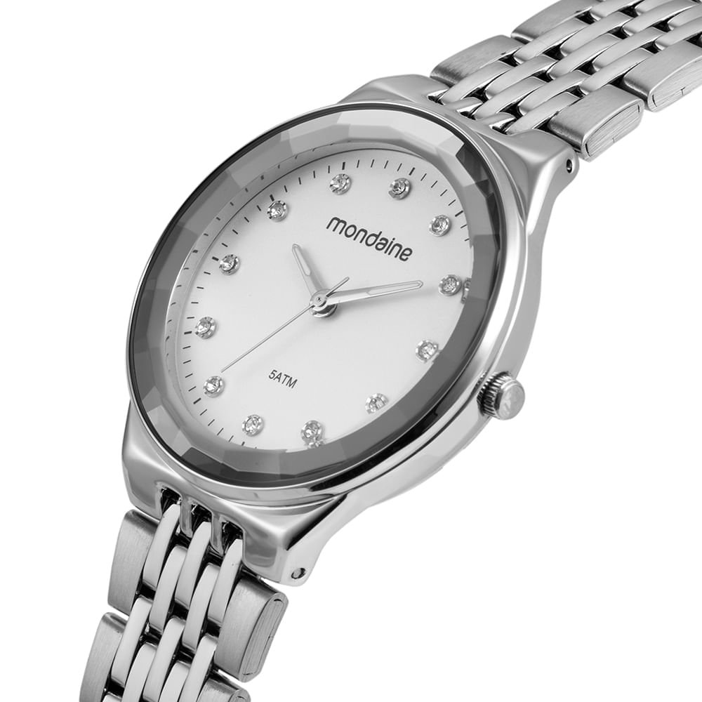 Relógio Feminino Prata Caixa Média e Vidro Facetado Prata 2