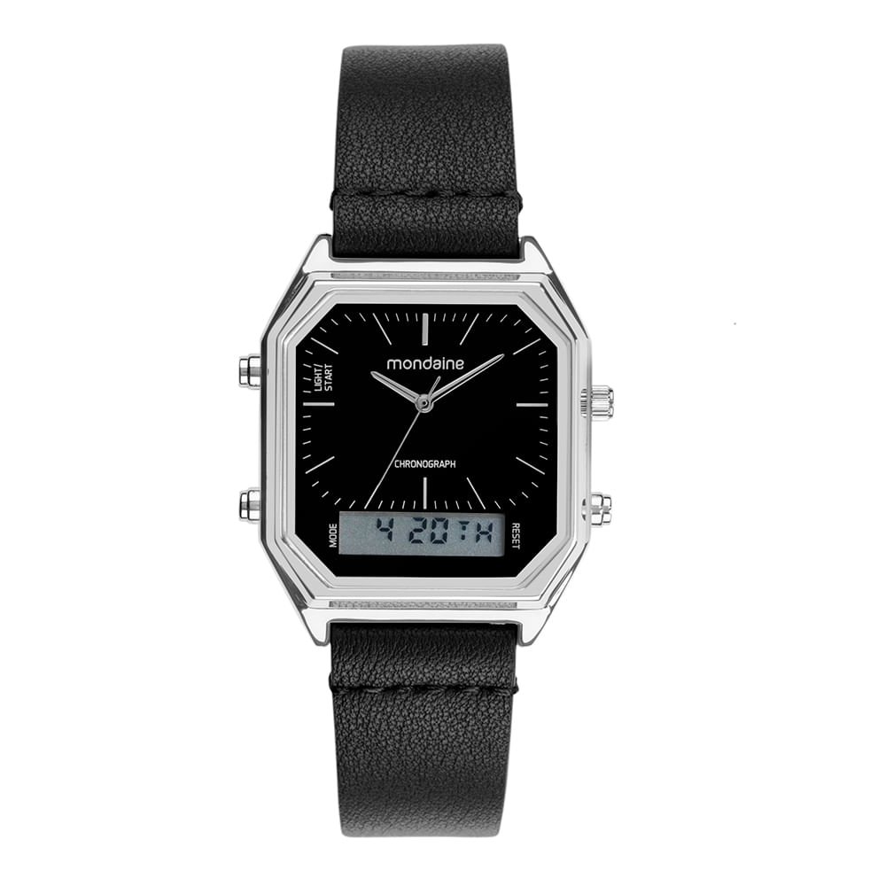 Relógio Masculino Quadrado Prata Anadigi Couro