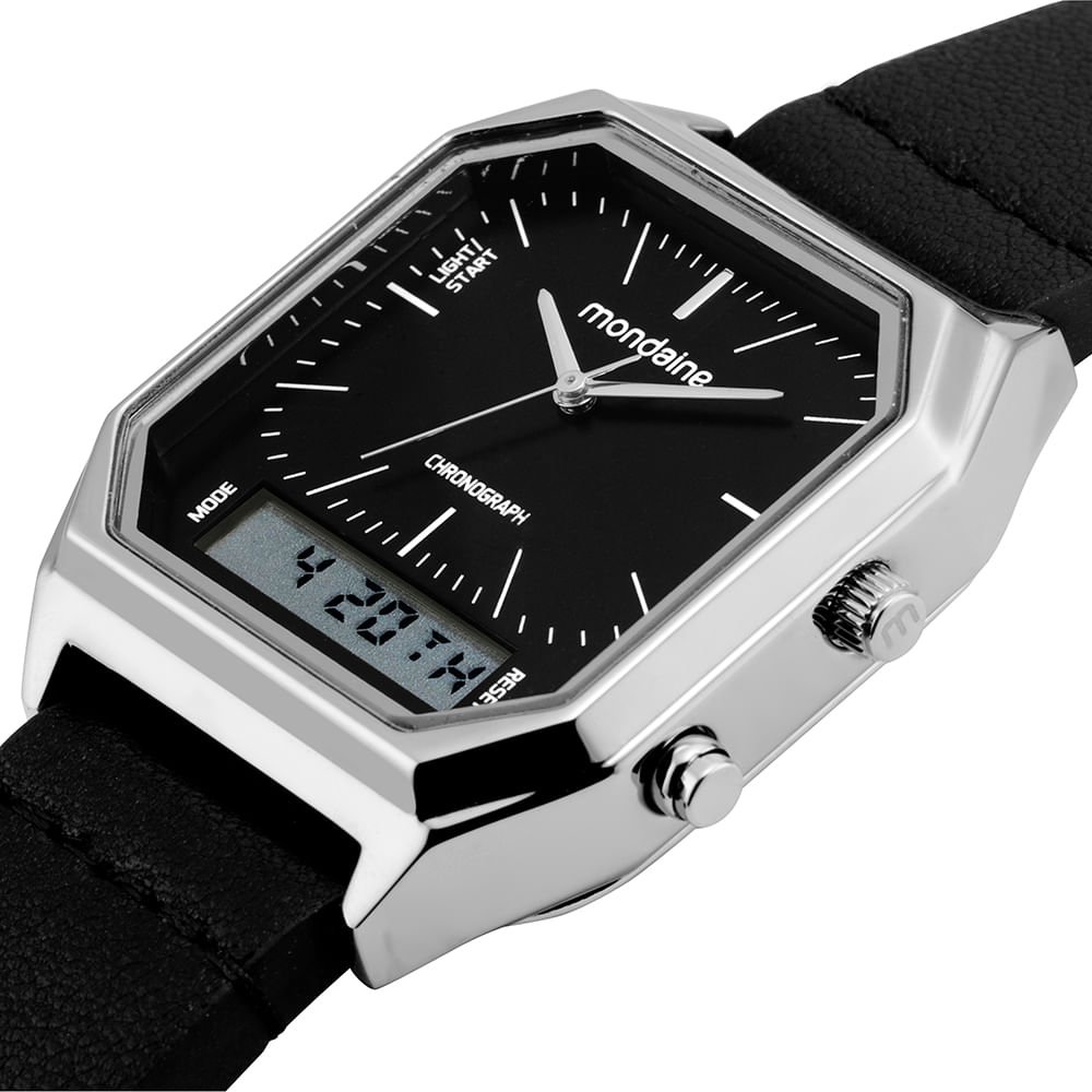 Relógio Masculino Quadrado Prata Anadigi Couro Preto/Prata 2