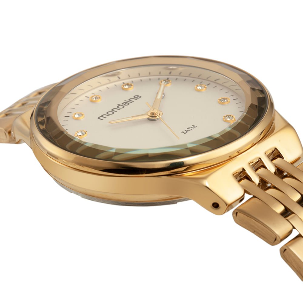 Relógio Feminino Dourado Caixa Média e Vidro Facetado Dourado 2