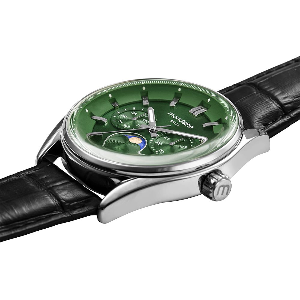 Relógio Masculino Mostrador Verde Couro Genuíno Preto/Verde 2