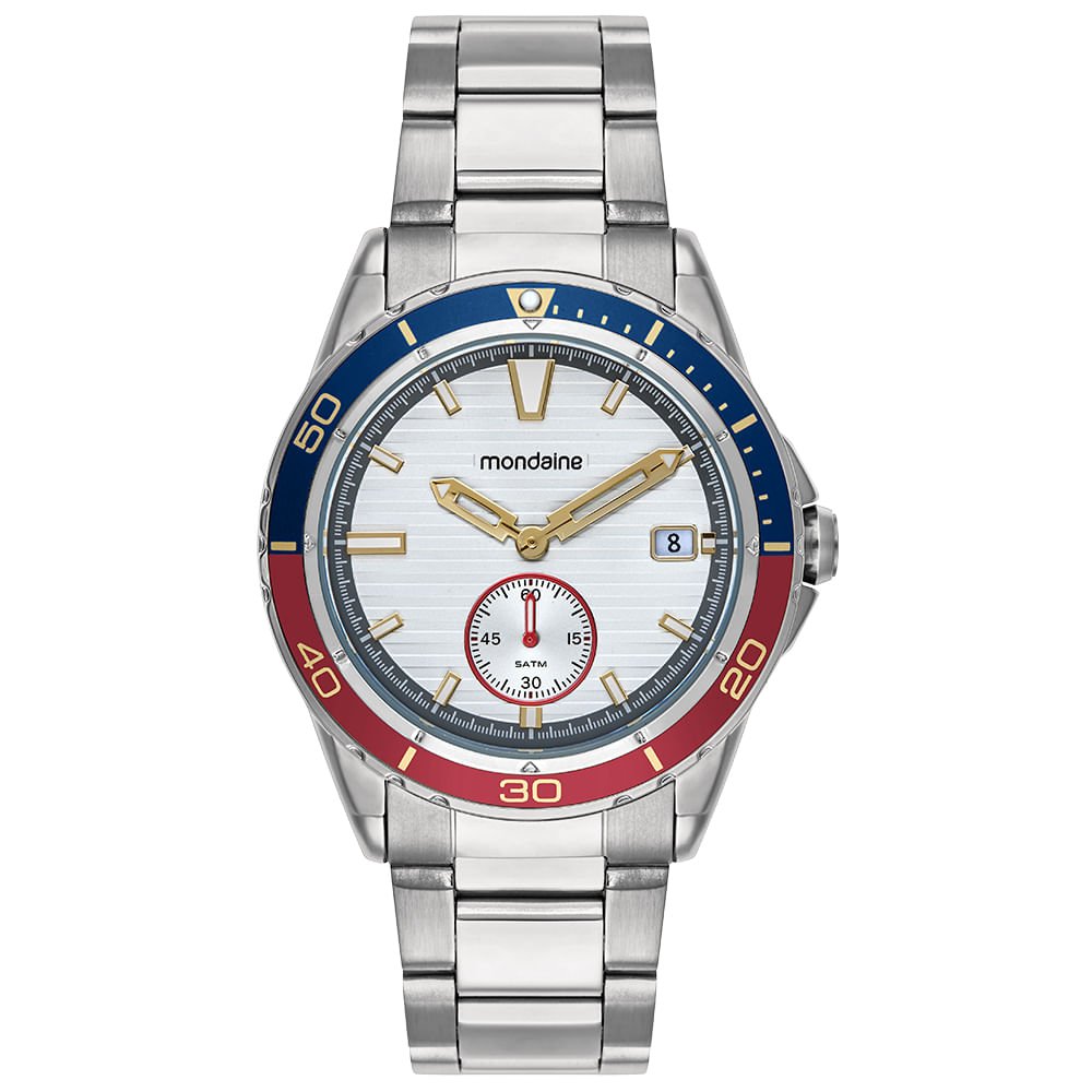 Relógio Masculino Prata Calendário Detalhes Azul e Vermelho