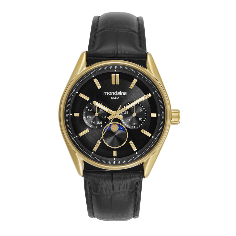 Relógio Masculino Preto Couro Genuíno Multifunção Data Preto/Dourado 1