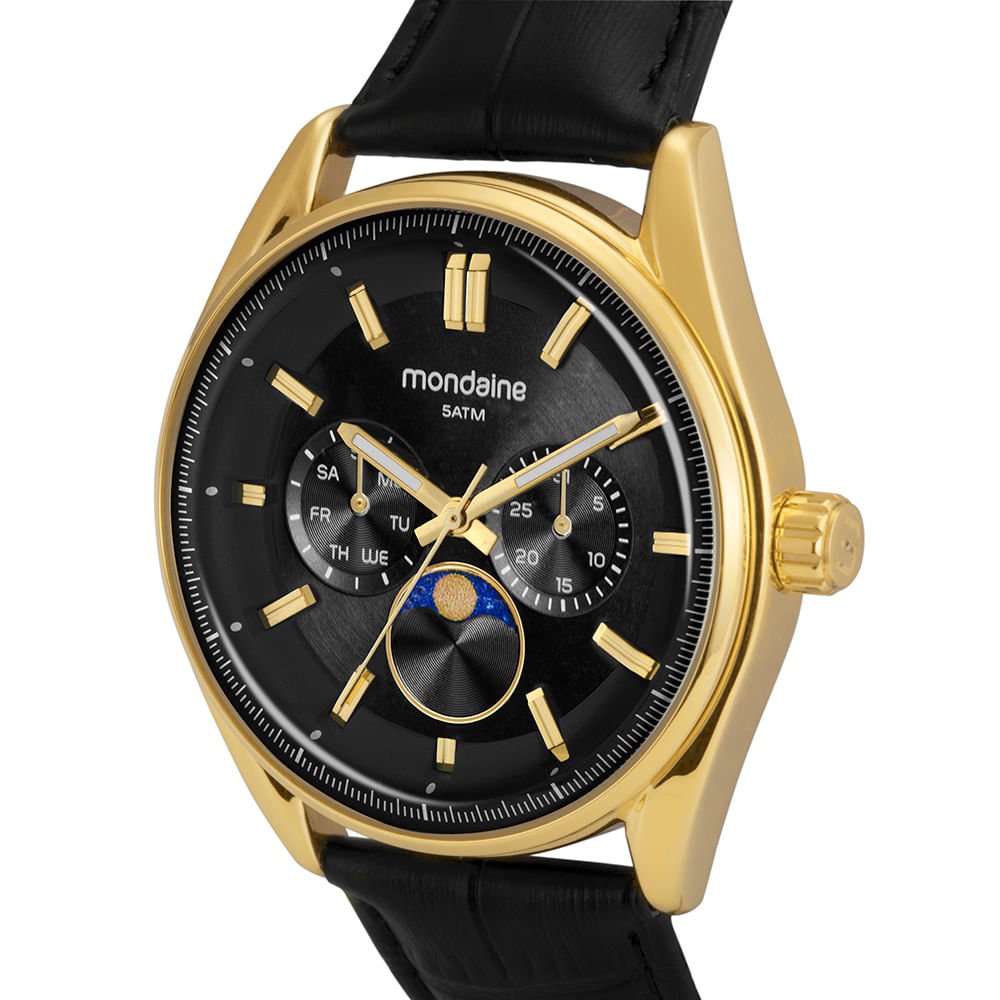 Relógio Masculino Preto Couro Genuíno Multifunção Data Preto/Dourado 2