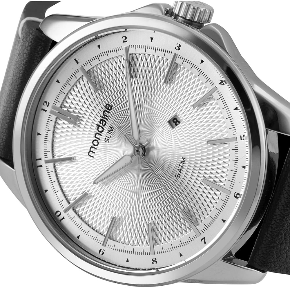 Relógio Masculino Calendário Couro Genuíno Prata 2