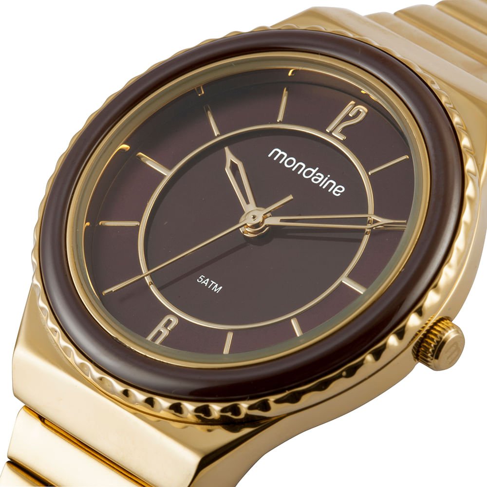 Relógio Feminino Caixa Media Catraca em Ceramica Marrom Dourado 2