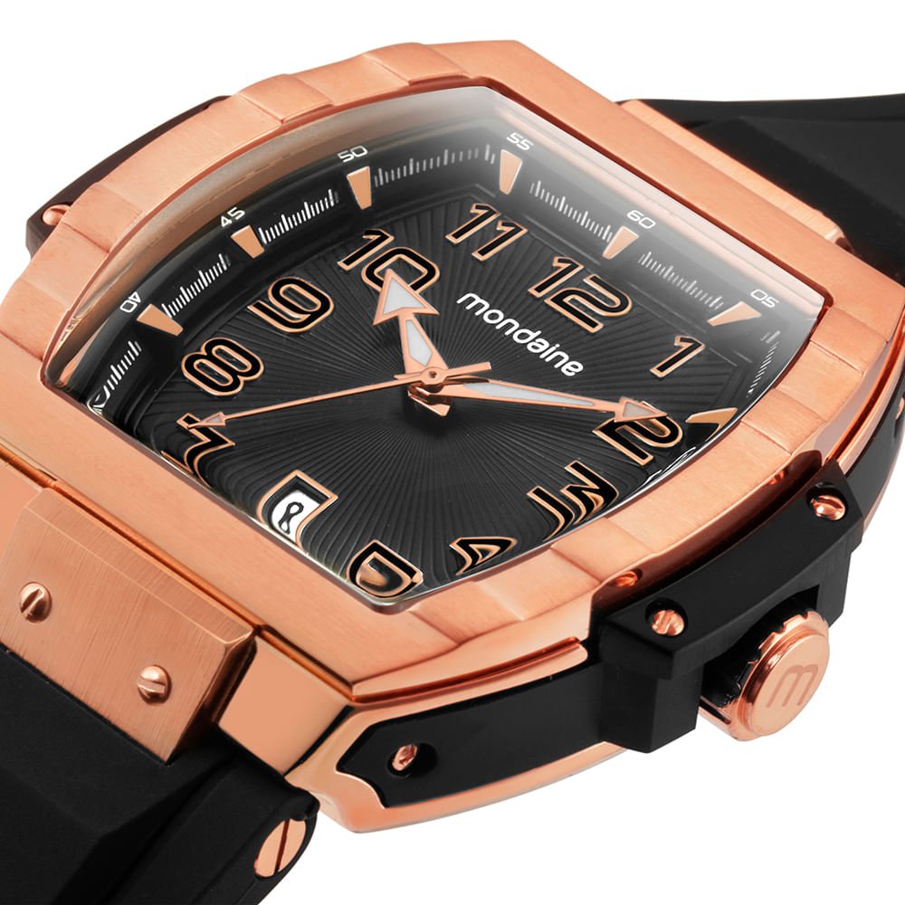 Relógio Masculino Caixa Formato Barril Calendário Preto Dourado 2