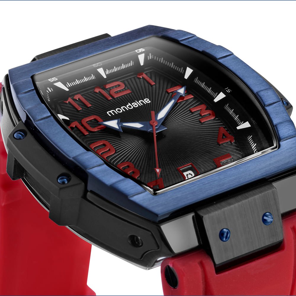 Relógio Masculino Caixa Formato Barril Calendário Vermelho Azul 2