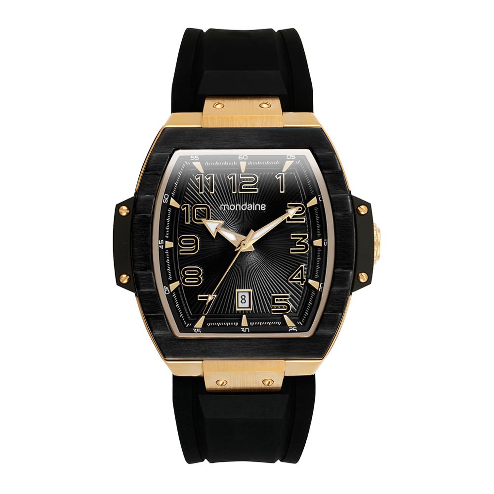 Relógio Masculino Caixa Formato Barril Calendário Preto e Dourado