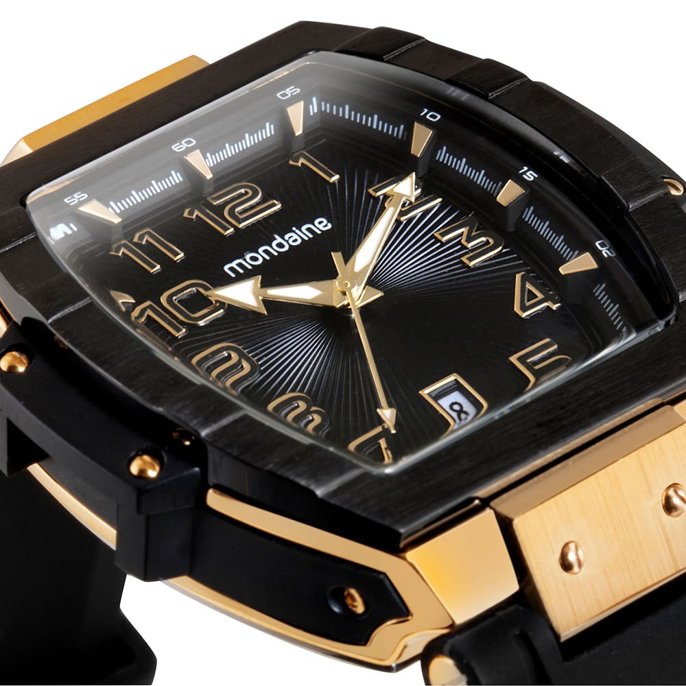 Relógio Masculino Caixa Formato Barril Calendário Preto e Dourado Preto 2