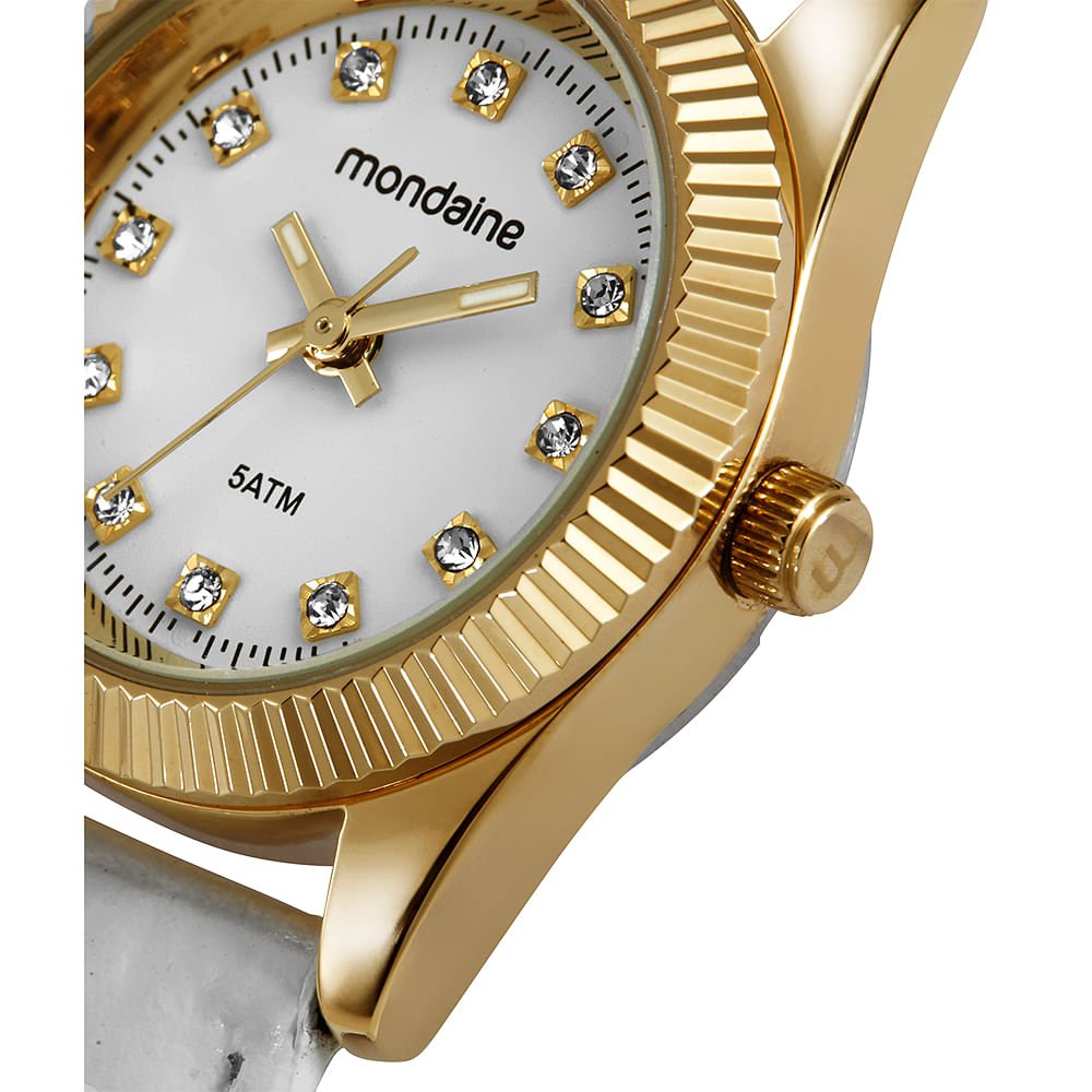 Relógio Feminino Caixa Pequena Couro Dourado e Branco Dourado 2