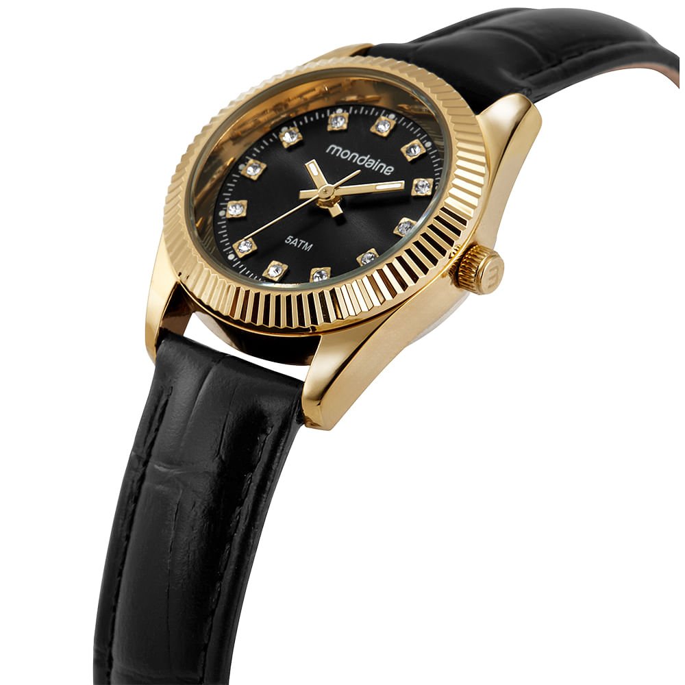 Relógio Feminino Caixa Pequena Couro Dourado e Preto Dourado 2