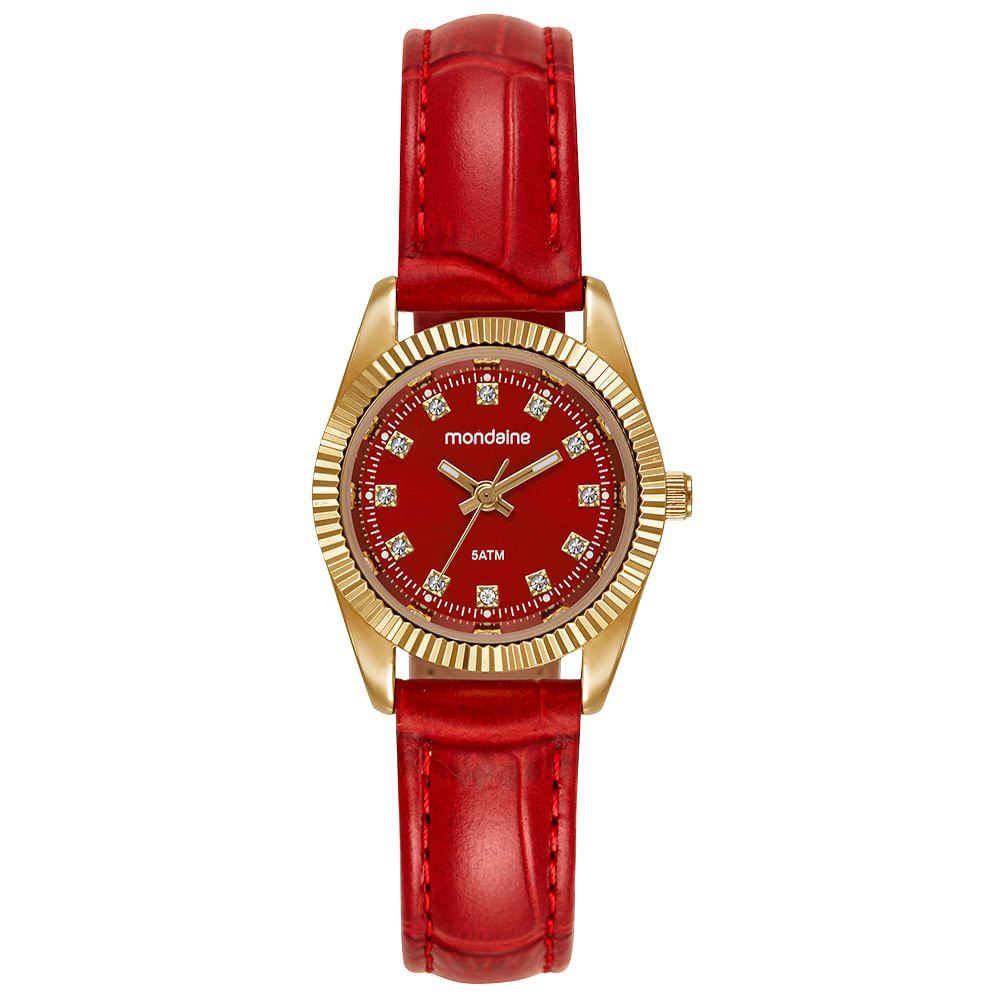 Relógio Feminino Caixa Pequena Couro Dourado e Vermelho