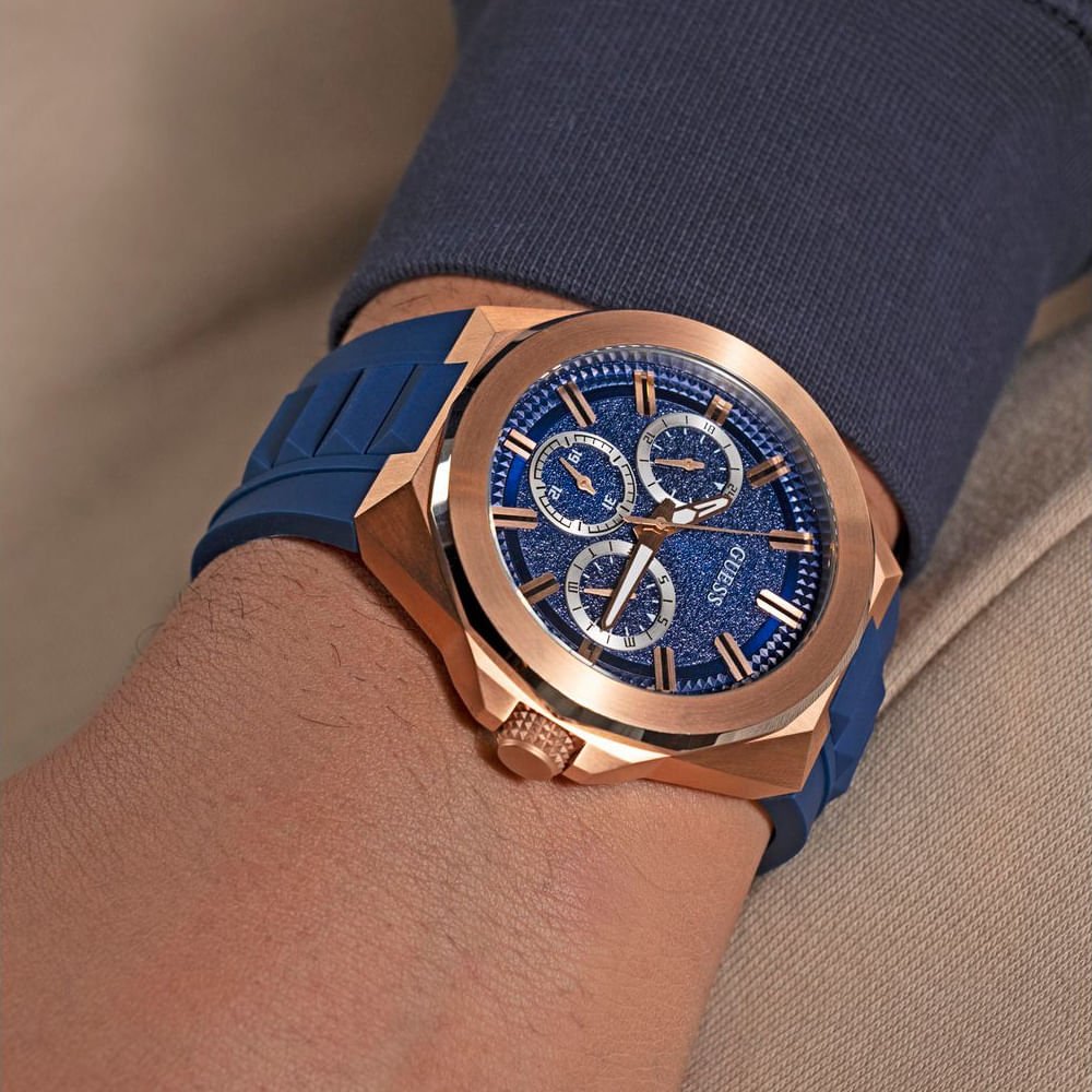 Relógio Guess Masculino Multifunção Esportivo Rosé e Azul Dourado 3