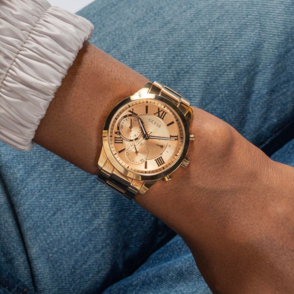 Relógio Guess Feminino Multifunção Catraca Serrilhada Rosé Dourado 2