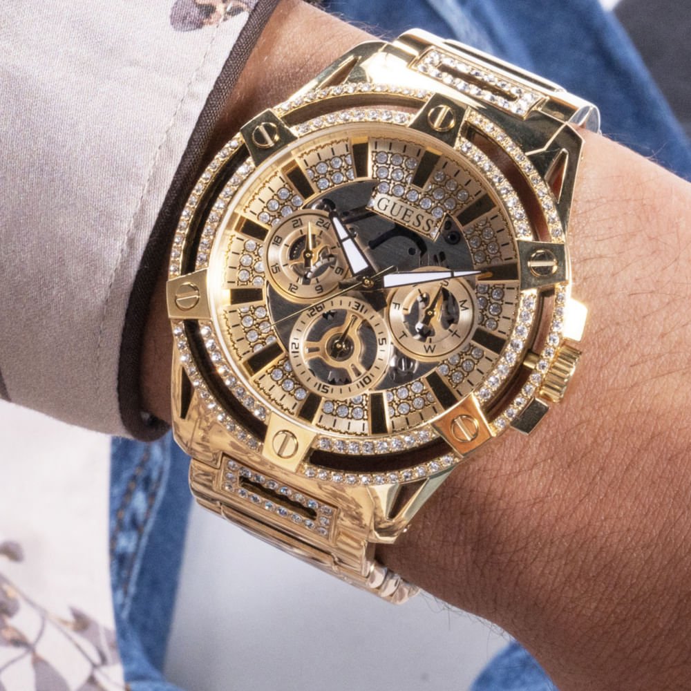 Relógio Guess Masculino Multifunção Cristais Dourado Dourado 3