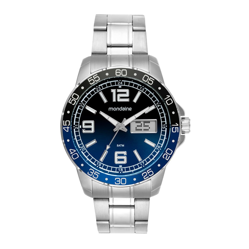 Relógio Masculino Prata Aço Anadigi Dia da Semana