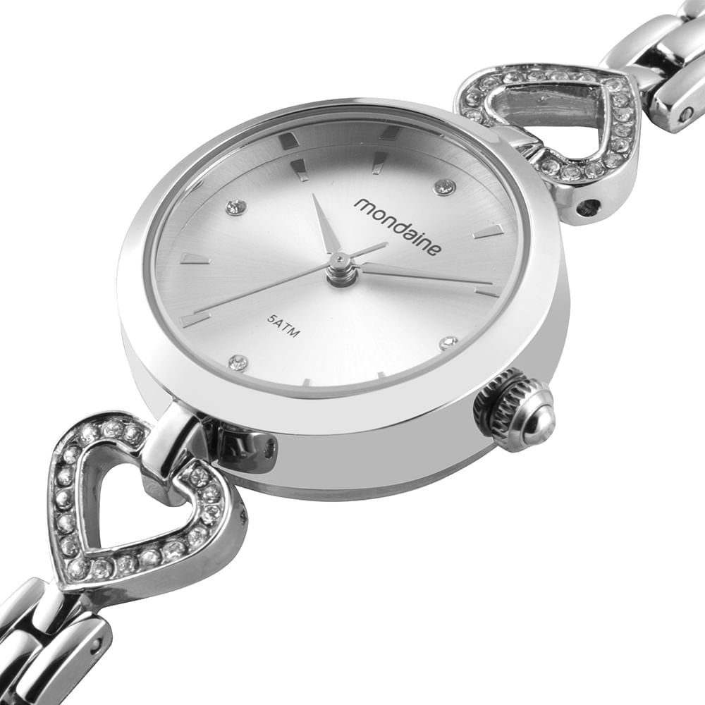 Relógio Feminino Prata Pulseira Coração Clássico Prata 2