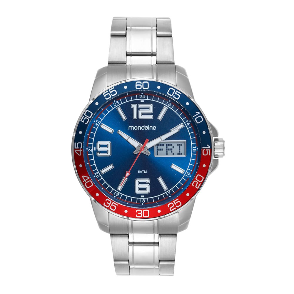 Relógio Masculino Aço Anadigi Prata Dia da Semana