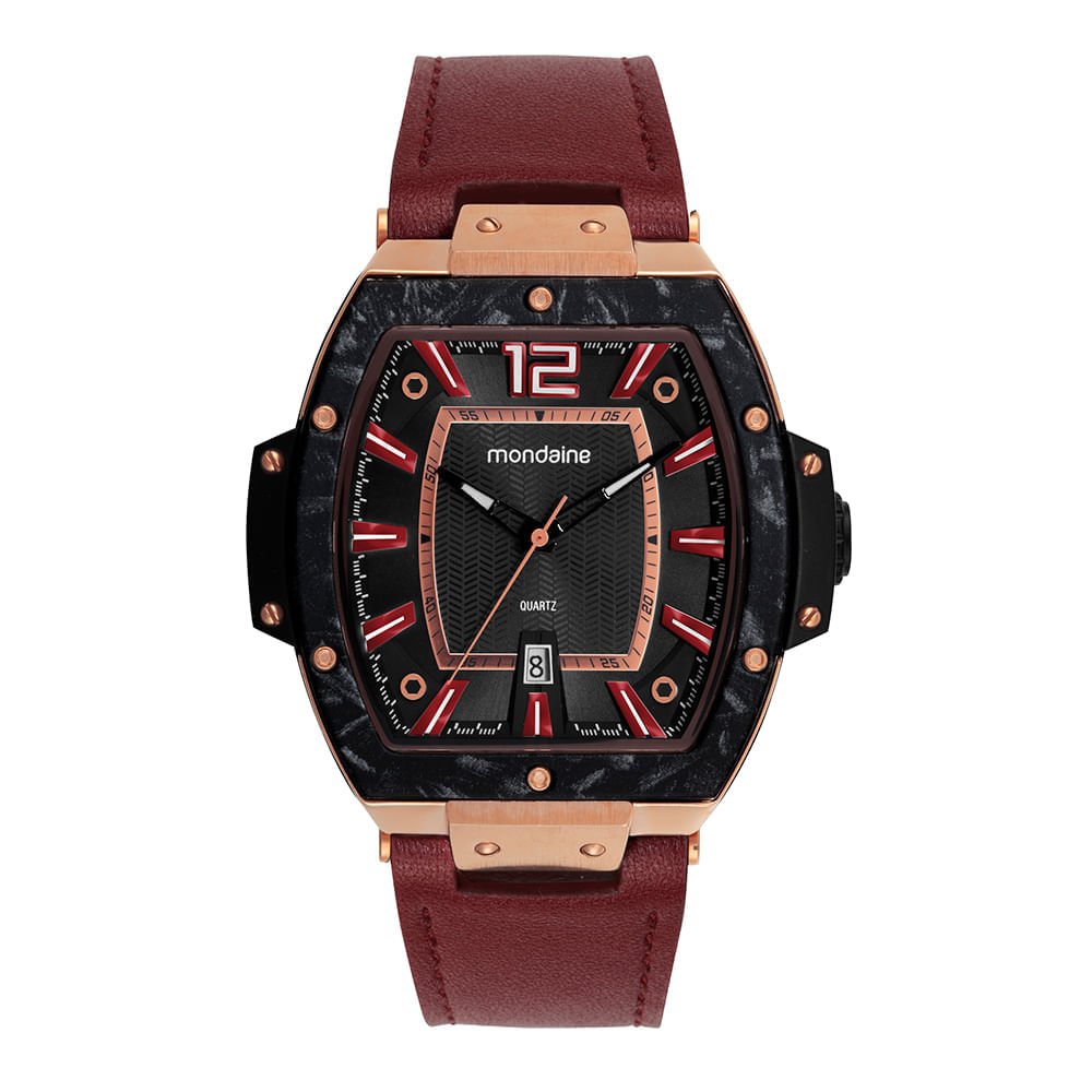 Relógio Masculino Calendário Vermelho Couro