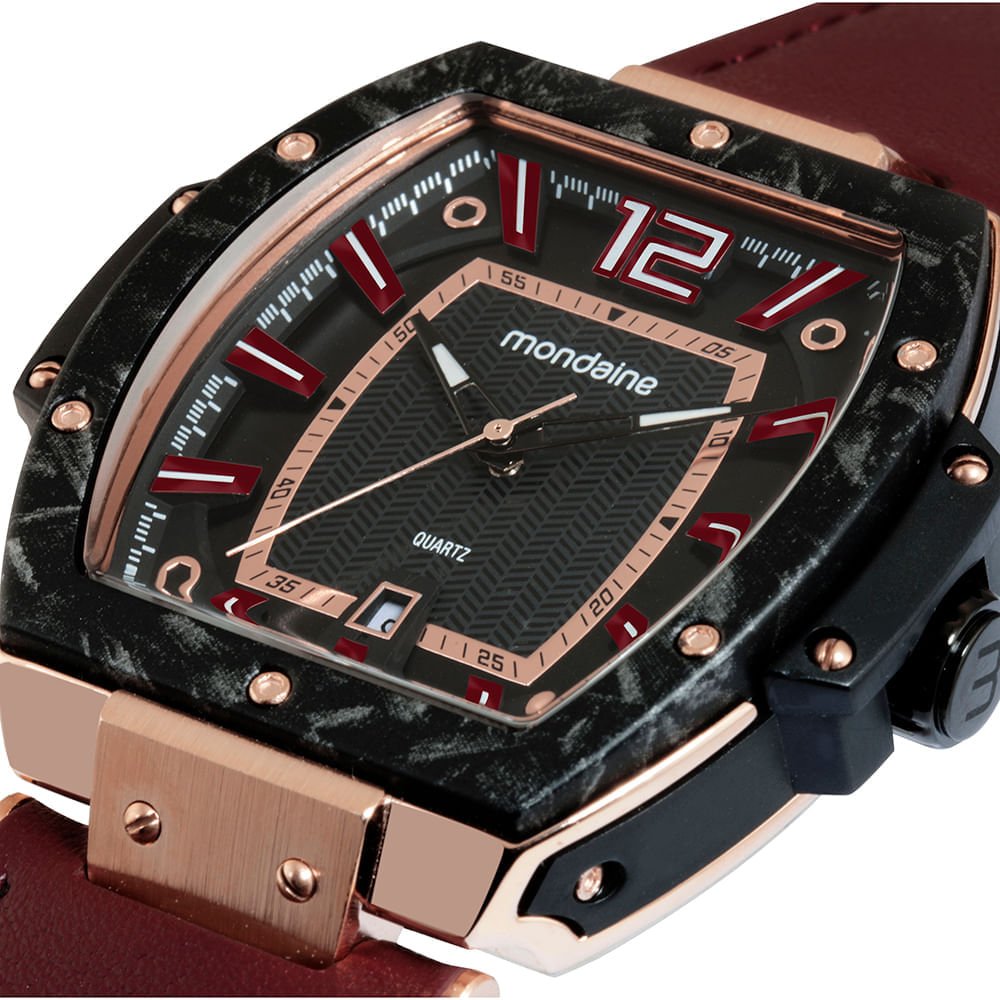Relógio Masculino Calendário Vermelho Couro Preto 2