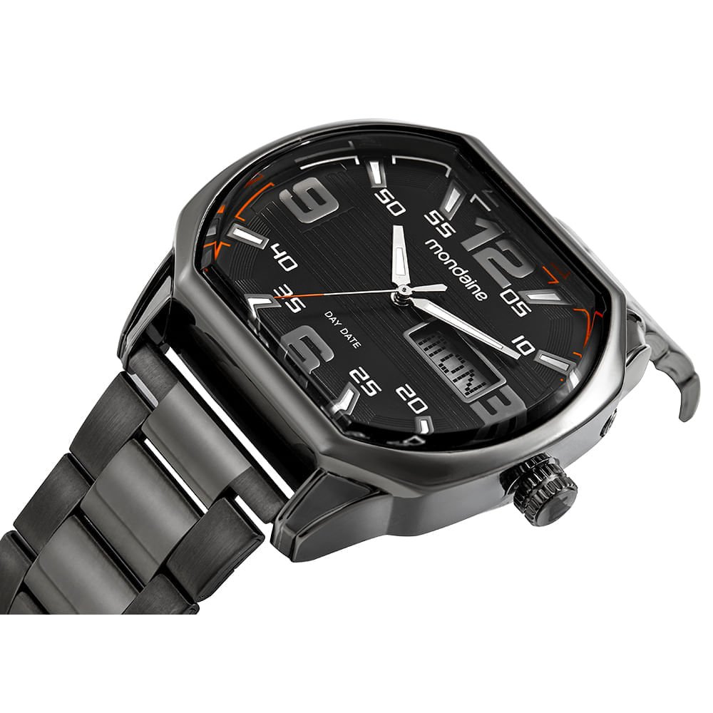 Relógio Masculino Quadrado Aço Preto Dia da Semana Preto 2