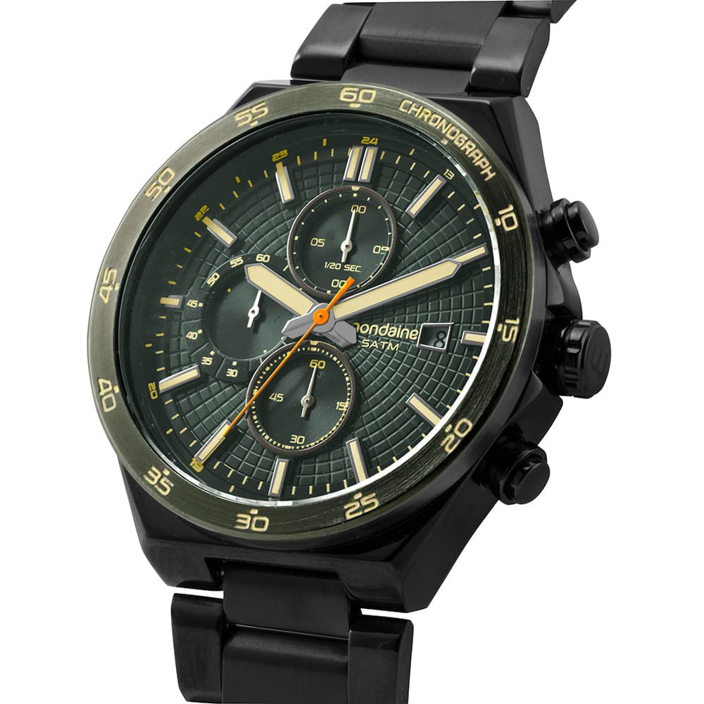 Relógio Masculino Cronógrafo Aço Verde Calendário Preto 2