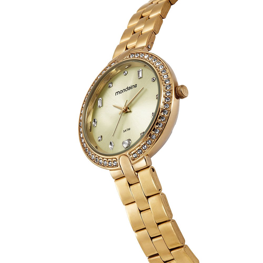 Relógio Feminino Dourado Pulseira Aço Cristais Dourado 2