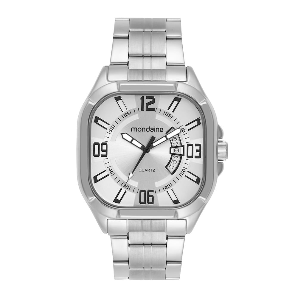 Relógio Masculino Prata Quadrado Calendário Pulso Médio