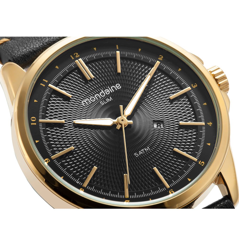 Relógio Masculino Mondaine Preto Couro Analógico Calendário Dourado 2