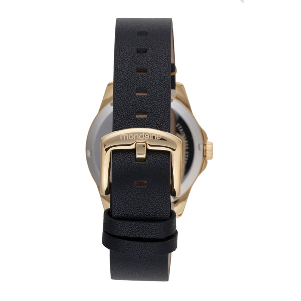 Relógio Masculino Mondaine Preto Couro Analógico Calendário Dourado 4