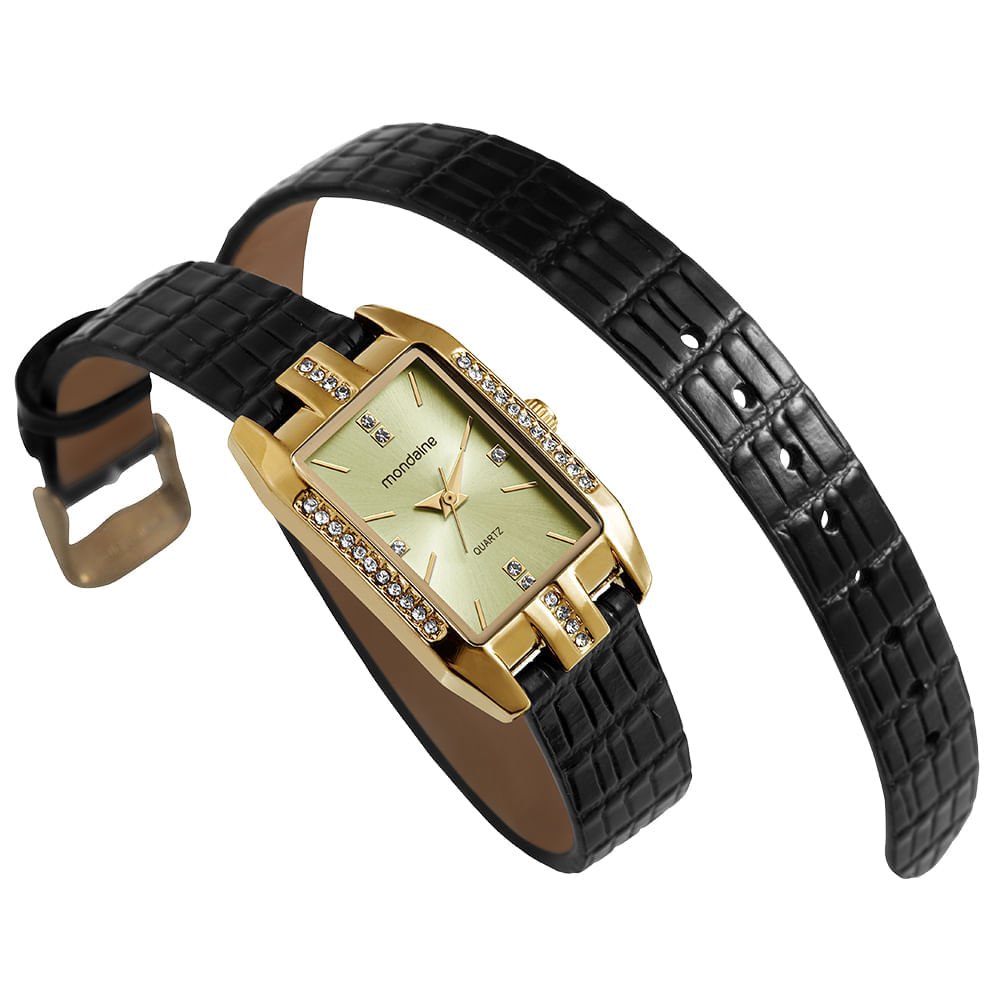 Relógio Feminino Mondaine Preto Couro Quadrado Champagne Dourado 2