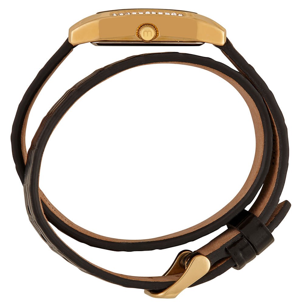 Relógio Feminino Mondaine Preto Couro Quadrado Champagne Dourado 3