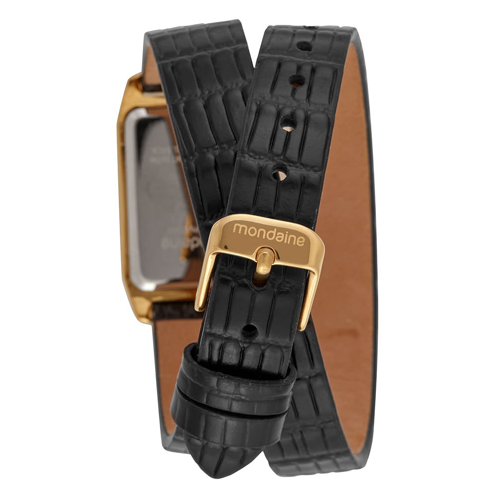 Relógio Feminino Mondaine Preto Couro Quadrado Champagne Dourado 4