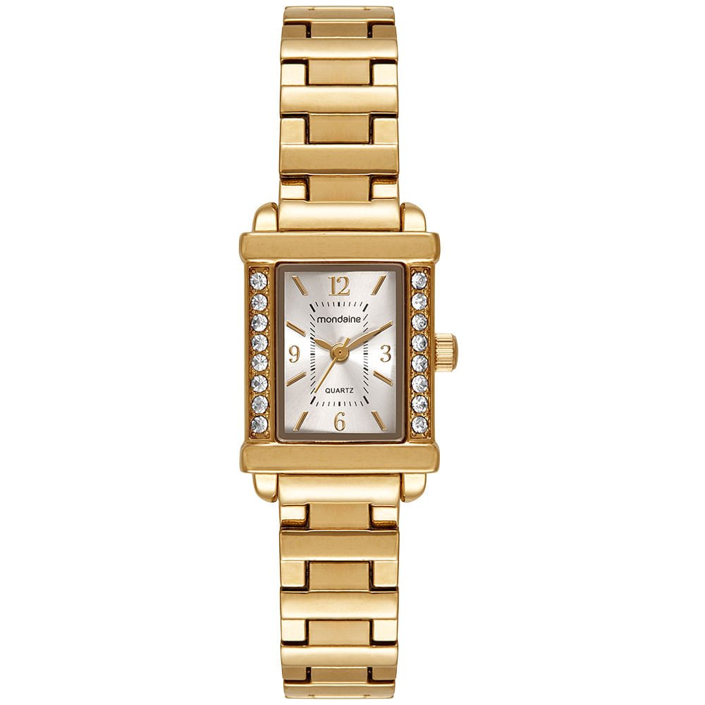 Relógio Feminino Dourado Metal Quadrado Mostrador Prata
