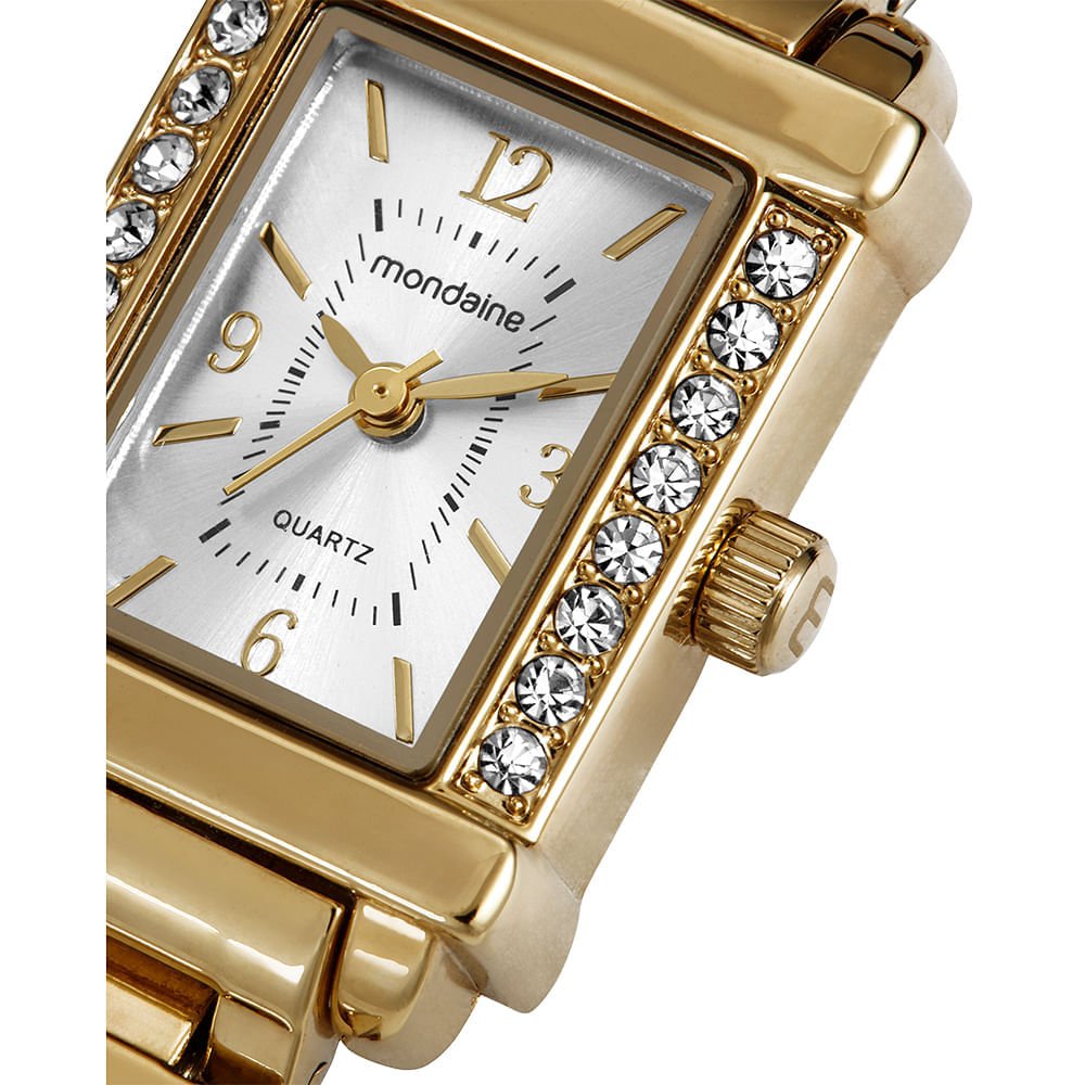Relógio Feminino Dourado Metal Quadrado Mostrador Prata Dourado 2
