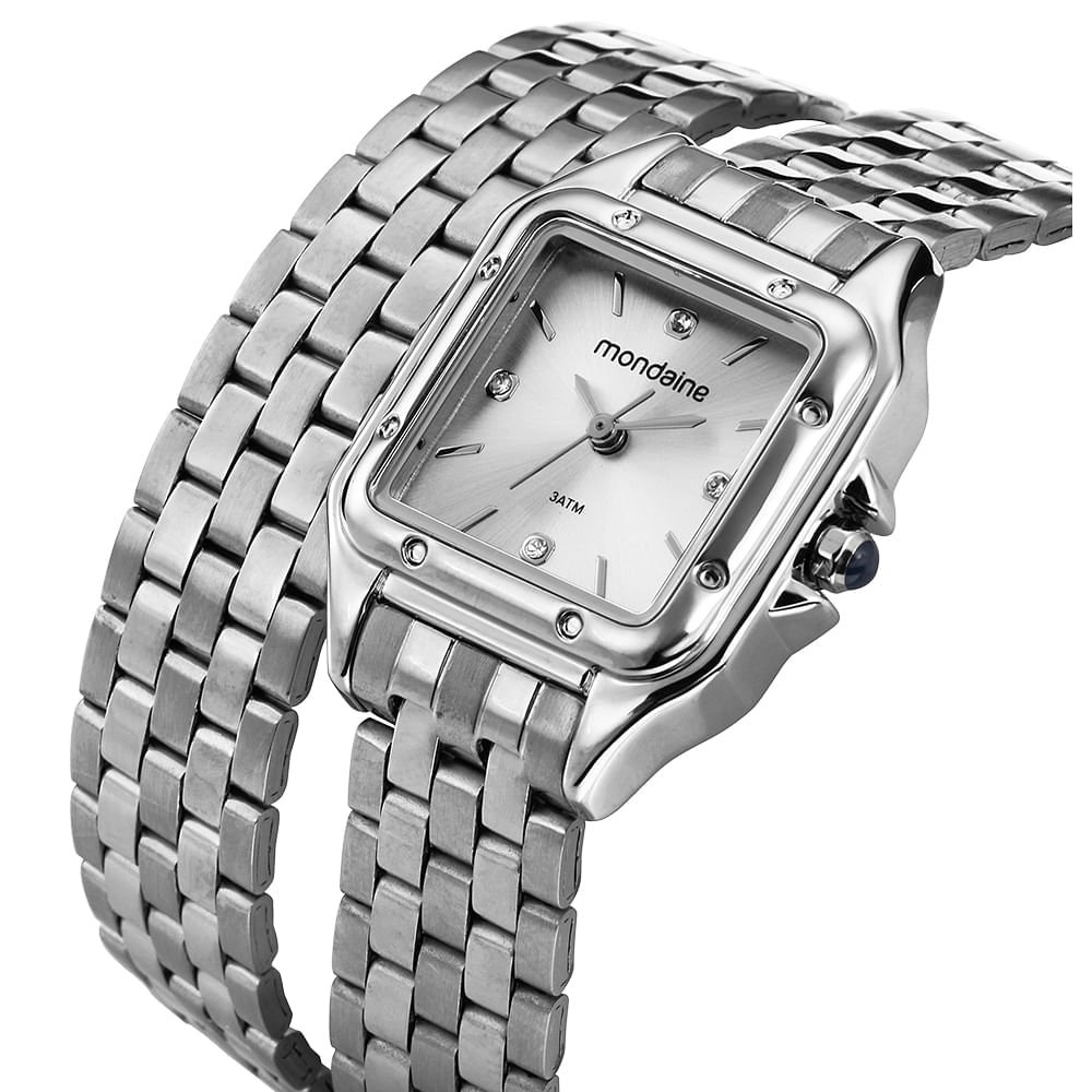 Relógio Feminino Prata Aço Quadrado Index Completo Prata 2