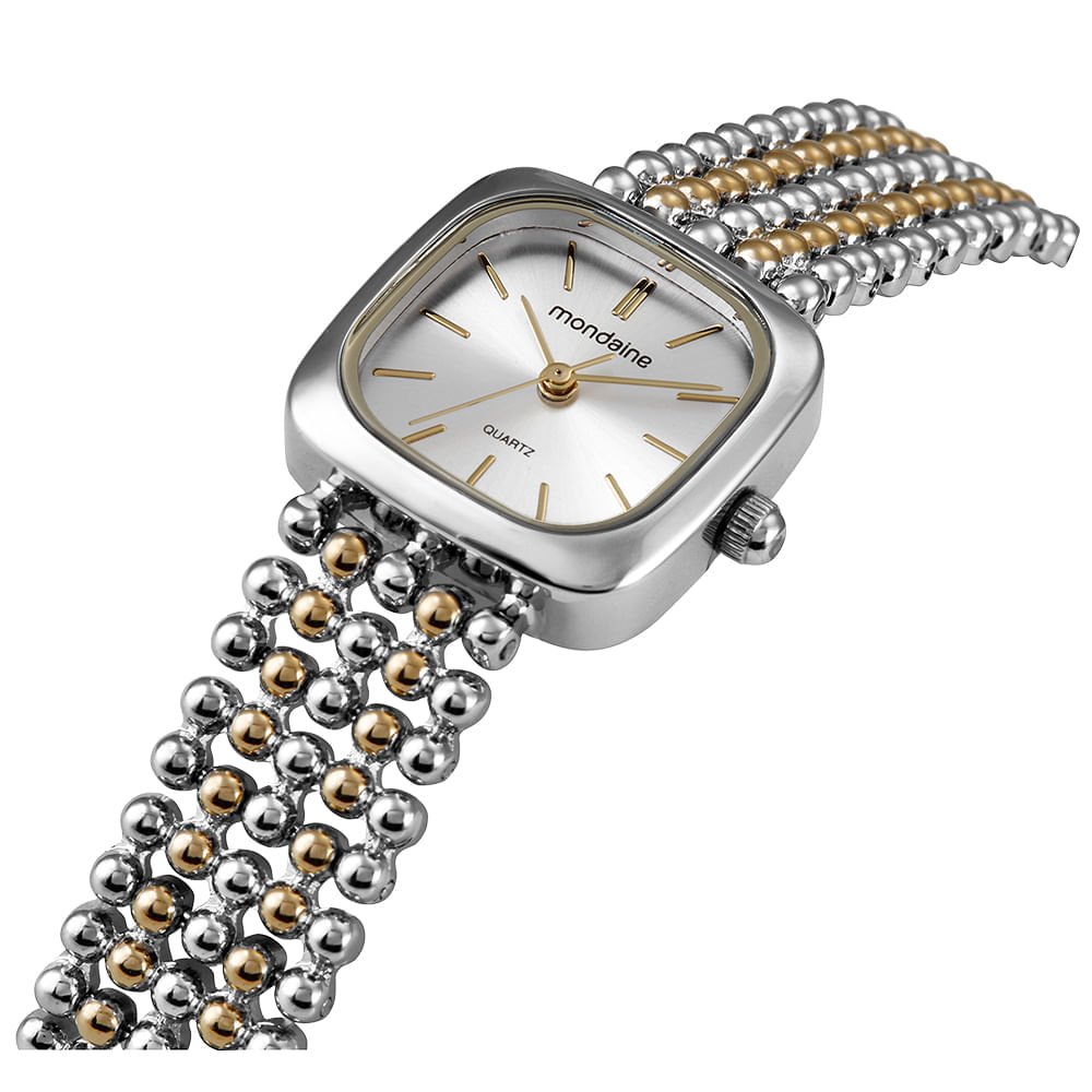 Relógio Feminino Bicolor Metal Quadrado Index Prata Prata 2