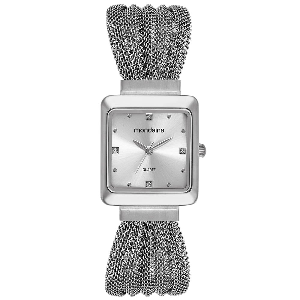 Relógio Feminino Prata Aço Quadrado Mostrador Prata