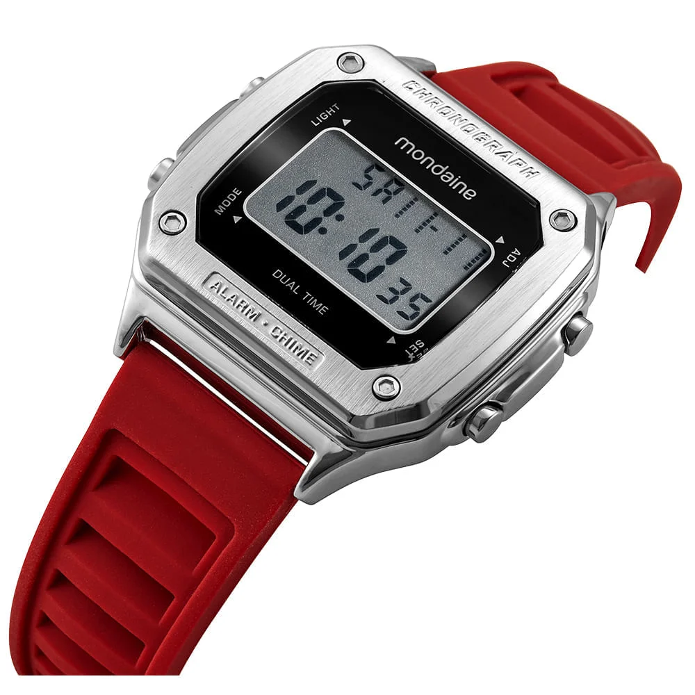 Relógio Masculino Digital Vermelho Silicone Quadrado Prata 2