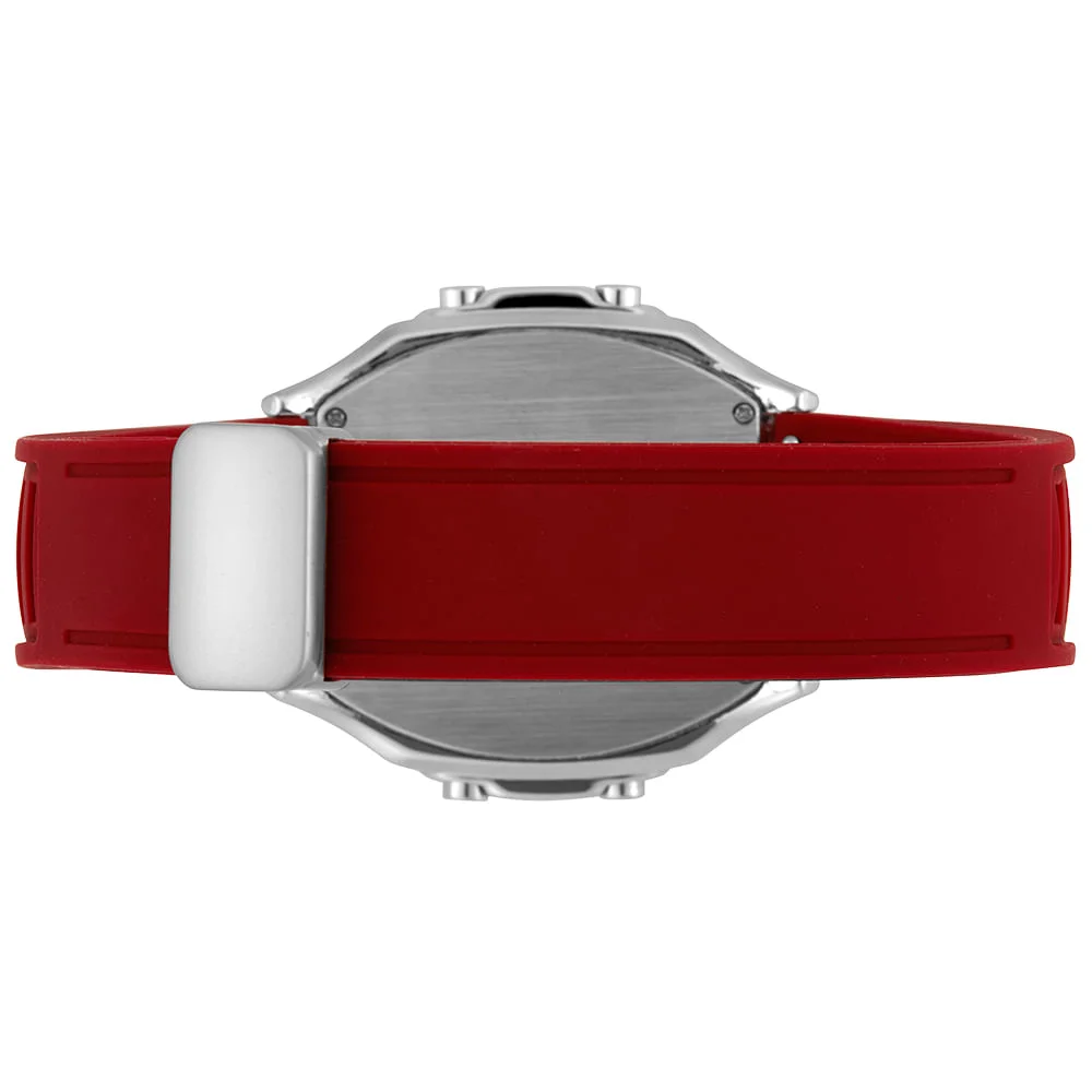 Relógio Masculino Digital Vermelho Silicone Quadrado Prata 4