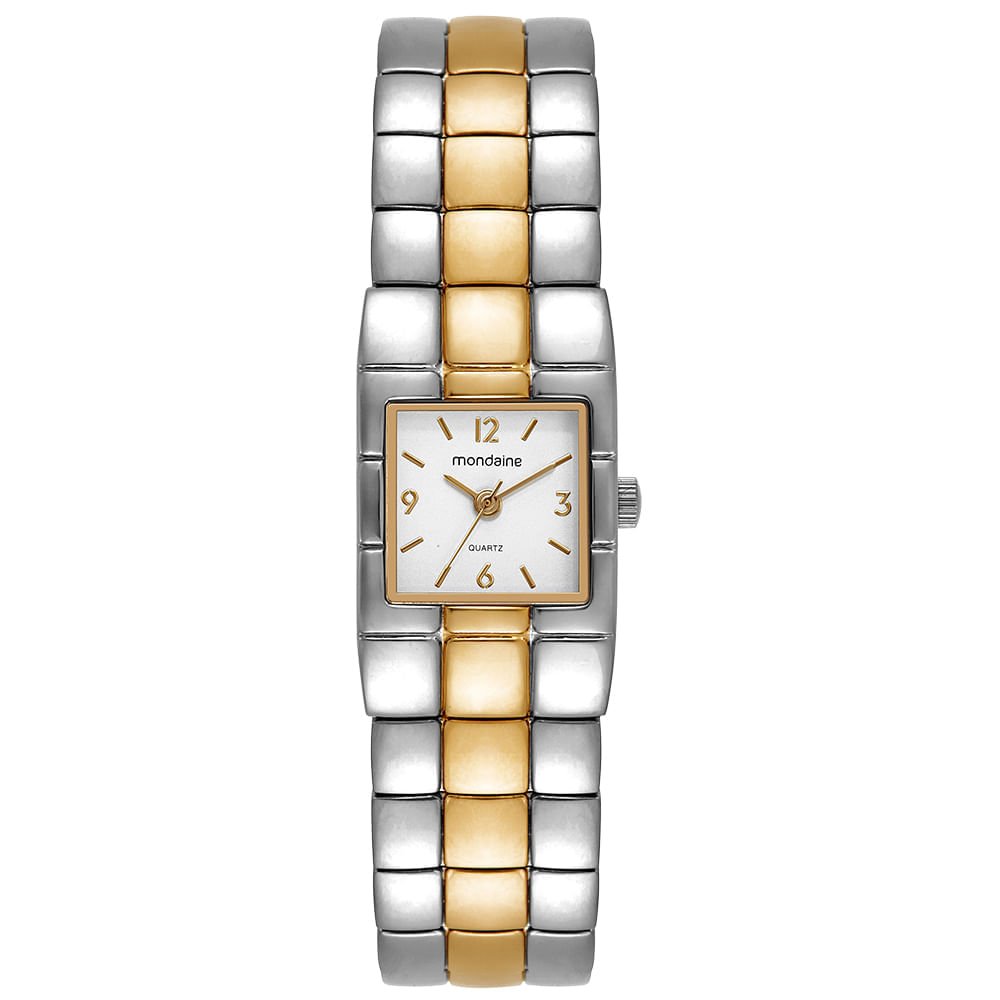 Relógio Feminino Bicolor Metal Quadrado Mostrador Branco