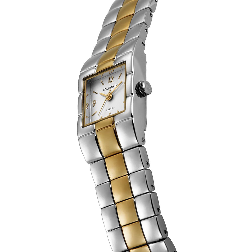 Relógio Feminino Bicolor Metal Quadrado Mostrador Branco Prata 2